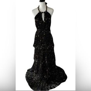 NWT’s Alex Marie Black and Gold Star Tiered Halter Maxi Dress